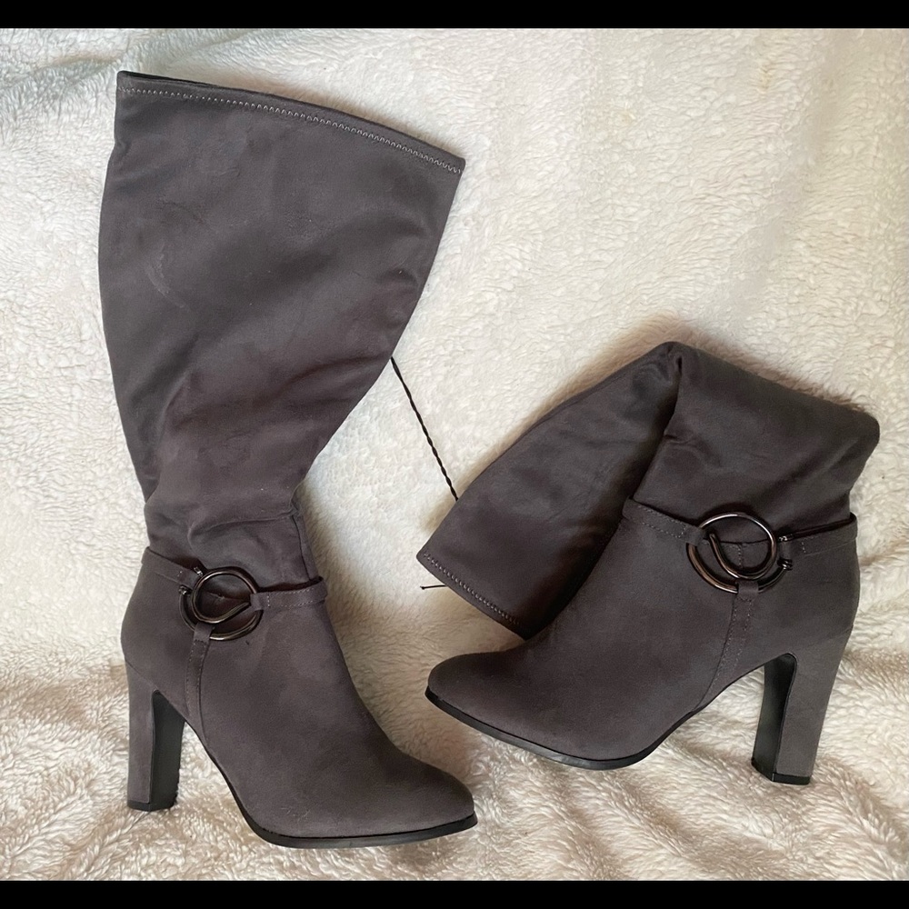 Gray high heel boots